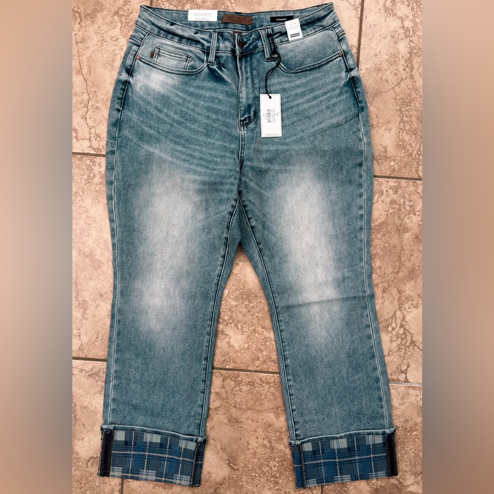 Judy Blue Cropped Jeans with Plaid Cuffs